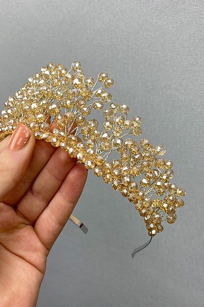 Hobigram إكسسوار شعر تاج الزفاف بلون العسل مطرز بالكريستال من Aren Tiara للعروس والهينا - إكسسوار الزفاف - Gel