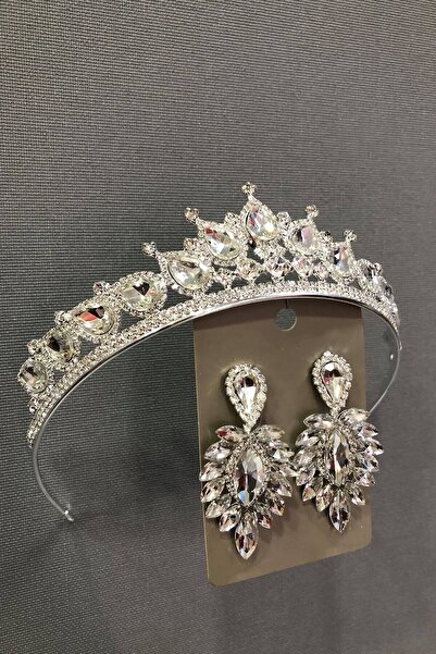 Hobigram Bridal Hair Accessory Silver Color Crystal Glass Stone Silver Color Henna Crown and Earring Set – Gelin Akse