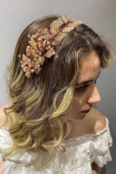 Hobigram Accesoriu Mireasa Model Frunza Accesoriu Turban Si Par cu Margele – Coroana, Piatra de Cristal, Model Elegant – Coroana