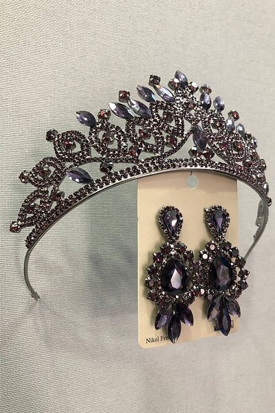 Hobigram Accesoriu pentru păr Set coroană și cercei cu henna prune – Coroană, piatră de cristal, model elegant, coroană de mireasă – Coroană – T