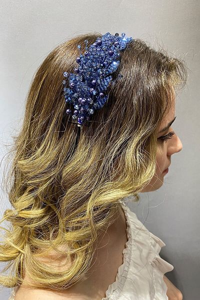 Hobigram Accesoriu Mireasa Model Frunze Albastru Indigo Accesoriu Turban și Păr cu Mărgele – Coroană, Pietre de Cristal – Ta