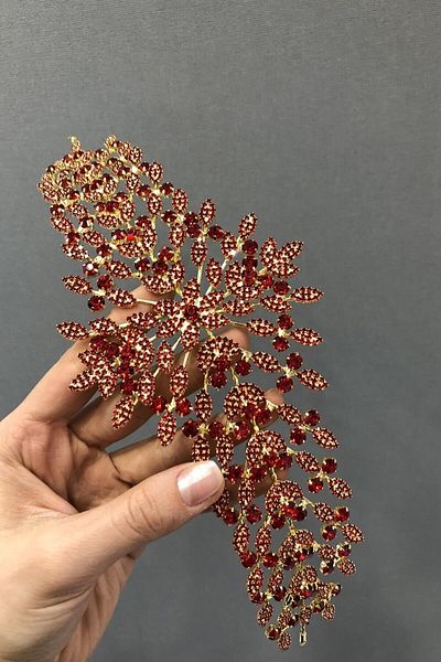 Hobigram إكسسوار شعر وعمامة باللون الأحمر والأصفر للعرائس - إكسسوار الزفاف، تصميم أنيق - إكسسوار الزفاف