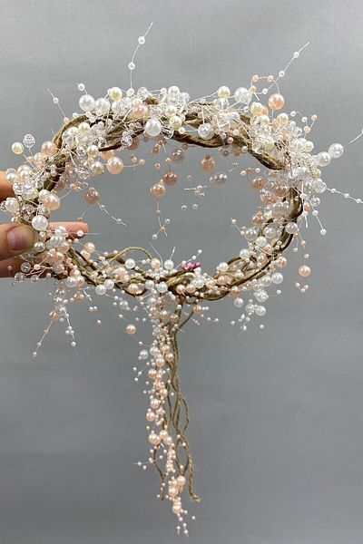Hobigram Accesoriu pentru păr de mireasă Coroană de mireasă cu perle crem și paie cu cristale – Coroană, piatră de cristal, model elegant – T