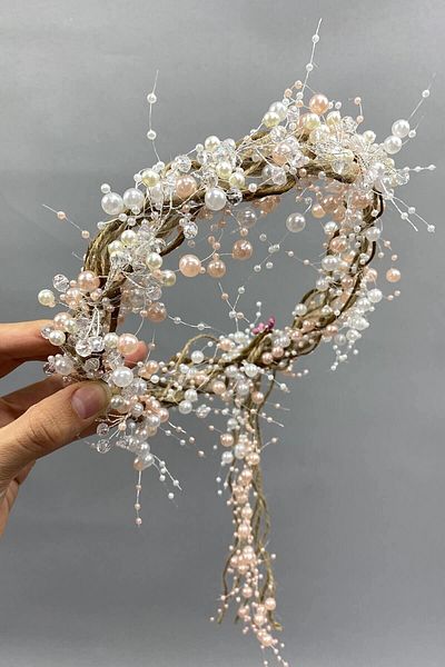 Hobigram Accesoriu pentru păr de mireasă Coroană de mireasă cu perle crem și paie cu cristale – Coroană, piatră de cristal, model elegant – T