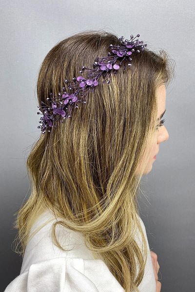 Hobigram Accesoriu de păr Accesoriu de păr cu ramură de primăvară emailată violet – Coroană, piatră de cristal, model elegant, coroană de mireasă – Coroană