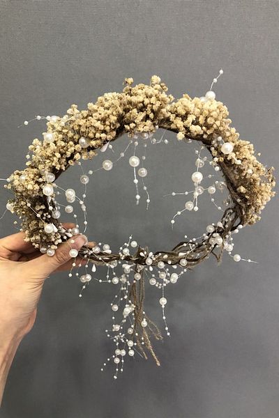 Hobigram Coroană cu flori uscate cu perle crem Chispaz pentru cele mai frumoase mirese – Coroană, piatră de cristal, model elegant, coroană de mireasă