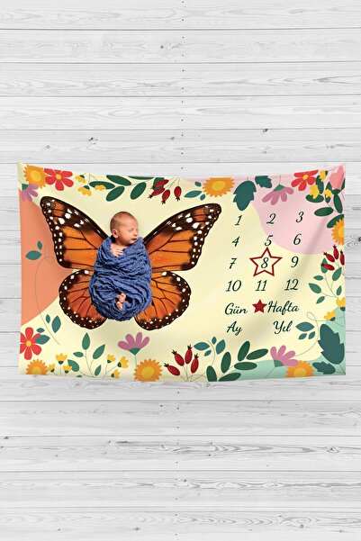 Vagonik Bebek Anı Örtüsü Yenidoğan Aylık Orman Bahar Kelebek Konsept Fotoğraf...