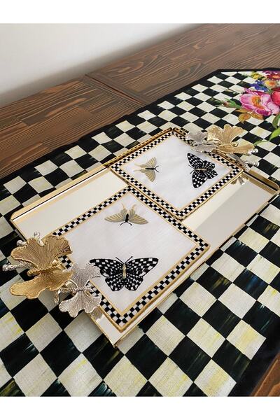 Lilies Atelier Mackenzie Model Siyah Beyaz Damalı Kelebek Desenli 1 Adet Kokt...