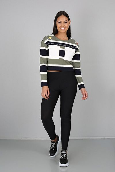Banadamoda Green Printed Stripe Pattern Crew Neck Pocket Crop Sweatshirt
