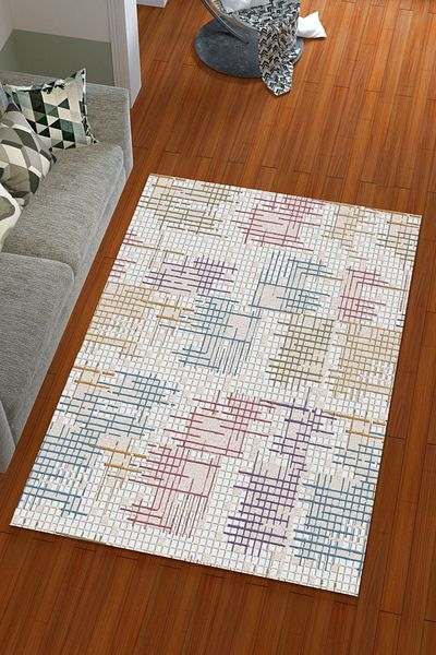 Miray Tekstil Digital Print Silk Velvet Gray Colored Striped Pattern Elastic Carpet Cover