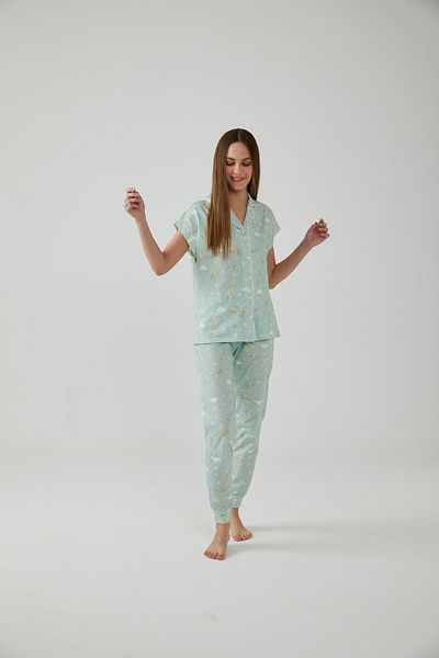 Pamuk & Pamuk Green Bird Patterned Pajama Set - Front Buttoned