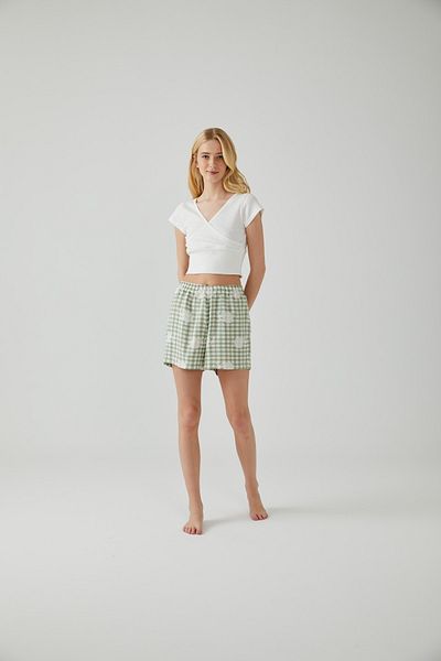 Pamuk & Pamuk Ecru Crop Green Checkered Shorts Set