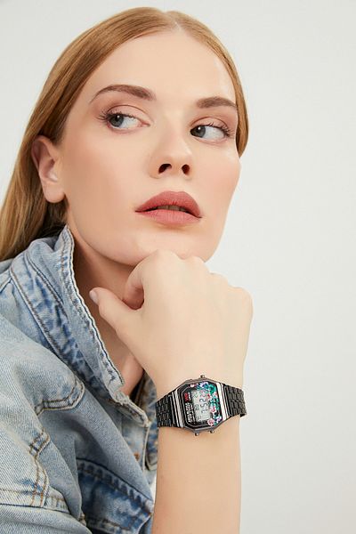 Aqua Di Polo 1987 Unisex Black Retro Flower Patterned Digital Wristwatch Apwa064101