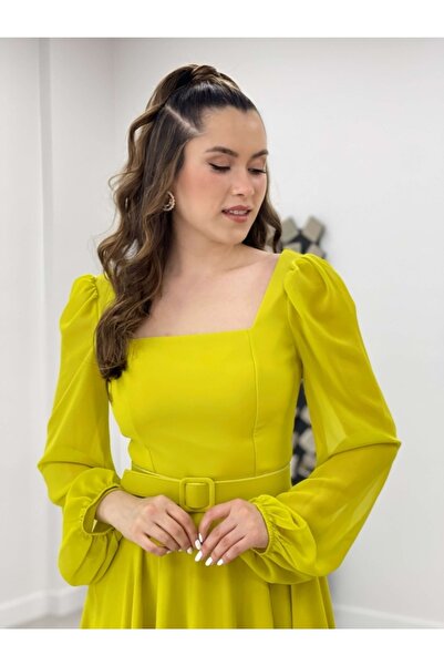 giyimmasalı Chiffon Crepe Fabric Square Collar Midi Dress - Yellow