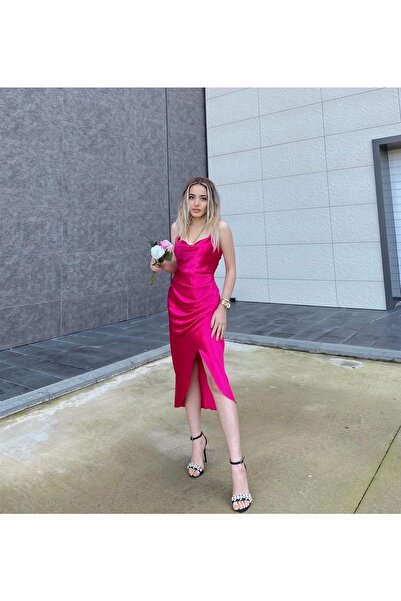 ozzıy34 Kadın Fuşya Degaje Yaka Drape Detaylı Ipek Saten Elbise