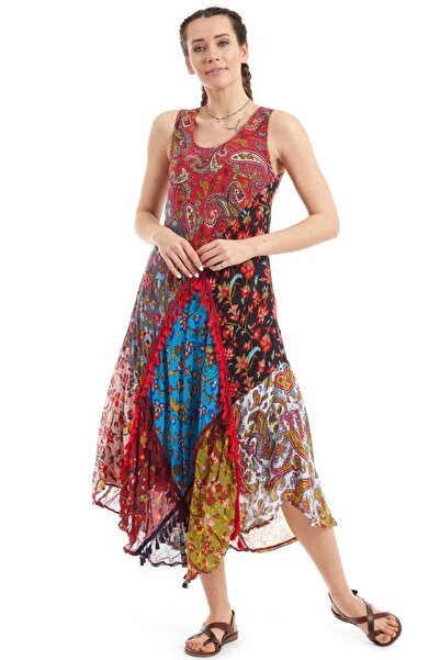 Newbutix Şile Bezi Kırmızı Patchwork Elbise