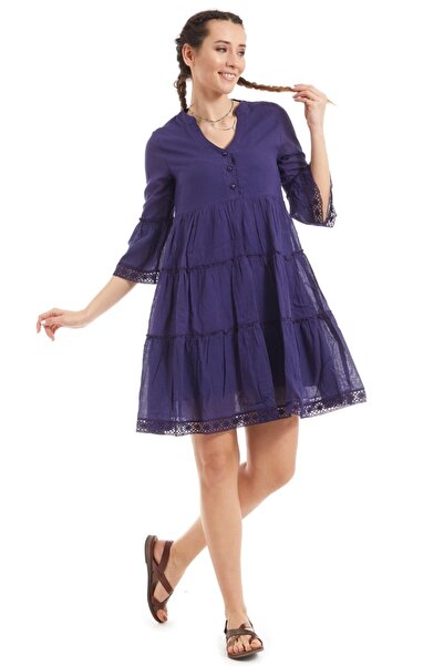 Newbutix Şile Bezi Kısa Kollu Mor Düğmeli Elbise