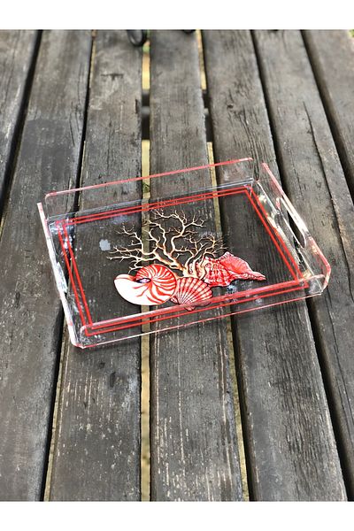 Queen Bee İstanbul Seashells & Coral Themed Plexiglass Tray 33x33cm