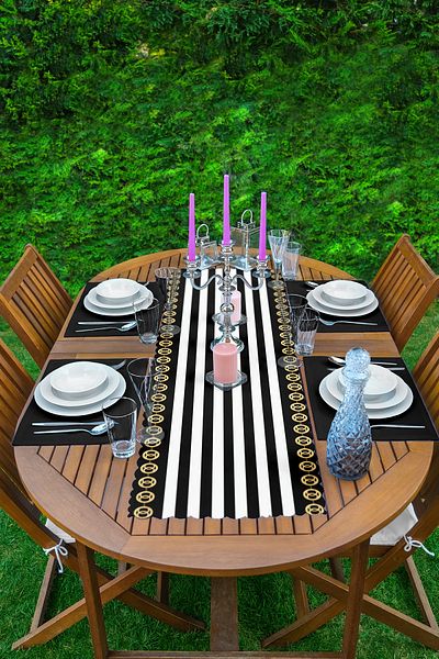 Realhomes Gold Detailed Black and White Striped Special Design 1 Runner & 4 Colorful American Service