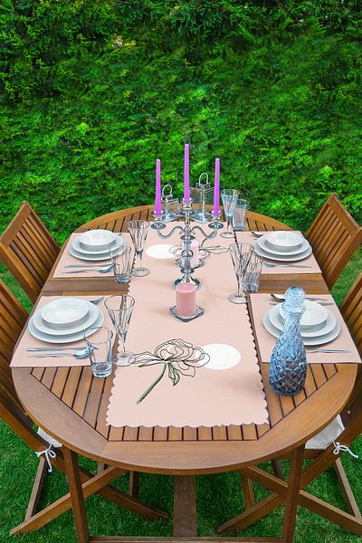 Realhomes Pink Background Oneline Modern with Rose Drawing 1 Runner & 4 Colorful American Service
