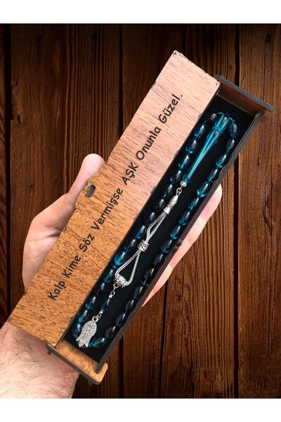 KANUNİ TESBİH مسبحة صلاة مزخرفة باللون الأزرق البترولي مع صندوق خشبي