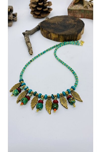 Porsuk Alternatif El Yapımı Etnik Otantik Hippi Doğal Taş Tüy Kolye