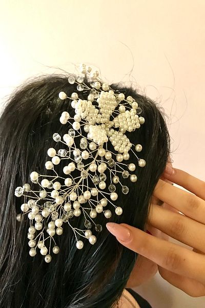 alsaccessories Coroană de mireasă cu mărgele și perle, cu figuri de flori, pentru logodnă