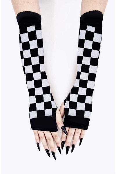 İYİ MODA Cut Finger Double Black and White Checkered Oversleeve Gloves