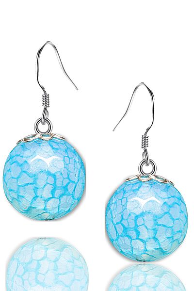 Tesbih Atölyesi Certified Natural Blue Agate Stone Silver Earrings