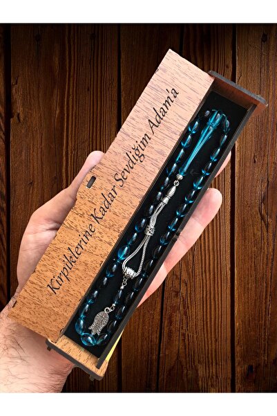 KANUNİ TESBİH مسبحة صلاة مزخرفة باللون الأزرق البترولي مع صندوق خشبي