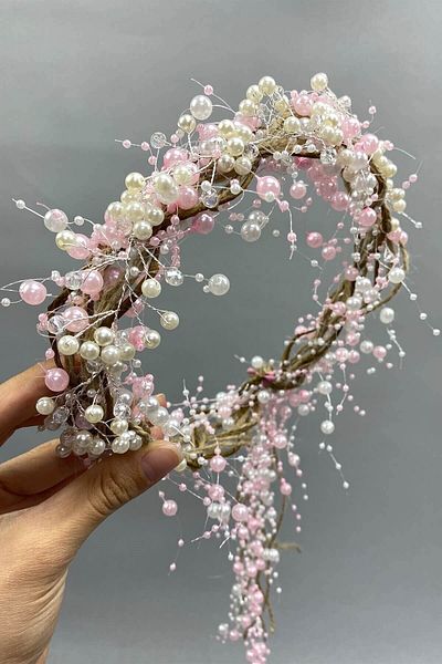 Hobigram Accesoriu pentru păr de mireasă Coroană de mireasă cu perle crem și paie cu cristale – Coroană, piatră de cristal, model elegant – T