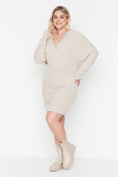 Trendyol Curve Bézs duplasoros galléros kötöttáru ruha TBBAW23AH00010