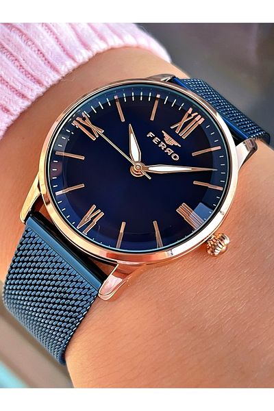 FERRO Navy Blue Rose Gold Case Classic Roman Numeral Women's Wristwatch