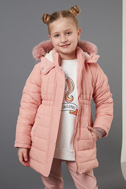 Lela Yakası Suni Kürklü Peluş Astarlı Kapüşonlu Cepli Mont Kız Çocuk Mont 603...