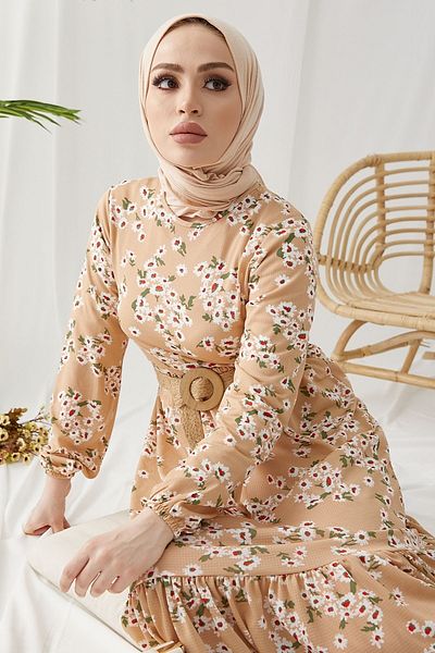 InStyle Lesa Floral Straw Belt Dres - Béžová