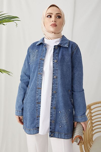 InStyle Jachetă de blugi cu detalii perle - Ice Blue
