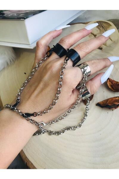 oldskoolbutik Linked Silver-black Ring Bracelet