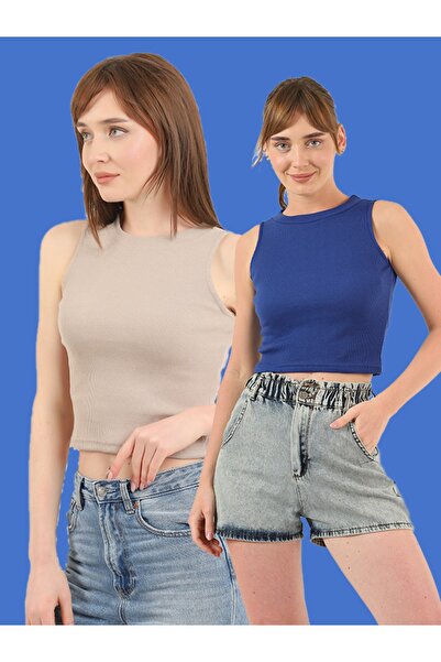 TİODES Γυναικεία μπλούζα σε χρώμα άμμου με λαιμόκοψη halter, σετ 2 τεμαχίων