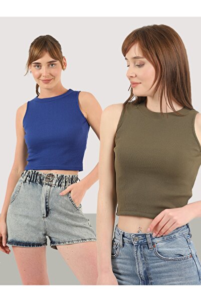 TİODES Γυναικεία Μπλούζα Χακί Μπλε με Γιακά Halter, 2 τεμαχίων, Crop