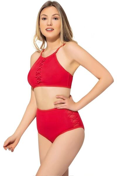 Swana Kadın Kırmızı Bağcıklı Tül Detaylı Yüksek Bel Bikini Takımı