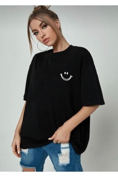 LOUİSA Oversize Unisex Black Smile Tshirt