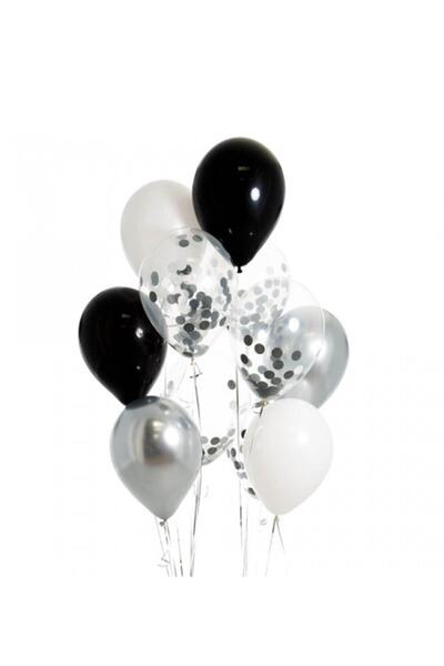 BEST PARTİ DOĞUM GÜNÜ PARTİ SÜSLERİ Black White Silver Confetti Balloon Set