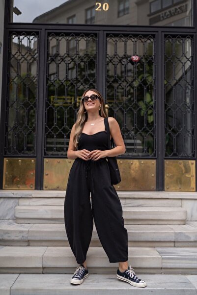 ozzıy34 Γυναικείο μαύρο λινό παντελόνι φαρδύ