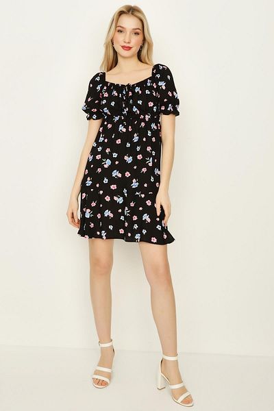 Select Moda Women's Black Floral Patterned Pentagonal Collar Balloon Sleeve Mini Dress