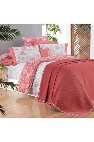 Sarev Eva Bronte Çift Kişilik Pamuk Pike Ve Nevresim Takımı Kırmızı V2