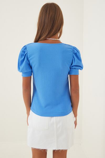 Happiness İstanbul Bluză tricotată DD01051 pentru femei, albastră medie, cu gât pătrat cu mâneci balon