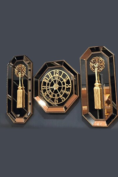 Genel Markalar Altın Varaklı 3 Parçalı Aynalı Duvar Saati Gold 30 x 72 Oval G...