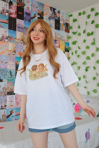 EFBUTİK Λευκό μπλουζάκι Unisex Double Angel