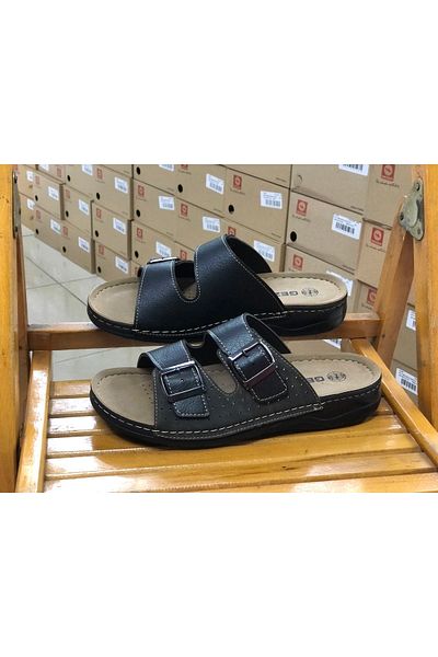 GEZER Kafkaslar Two Buckle Leather Inside Full Orthopedic Stitched Men's Dad Slippers