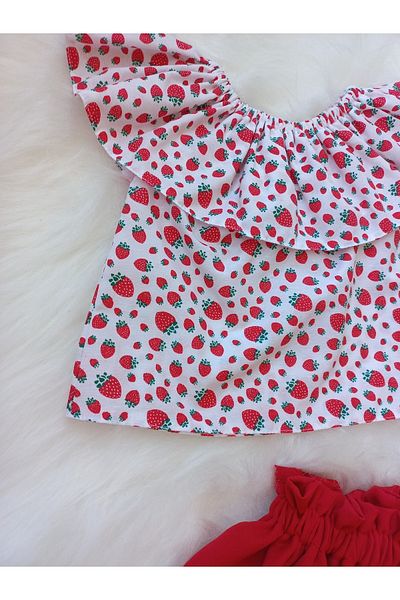 Eylülce Butik Strawberry Patterned Blouse & Red Skirt Set